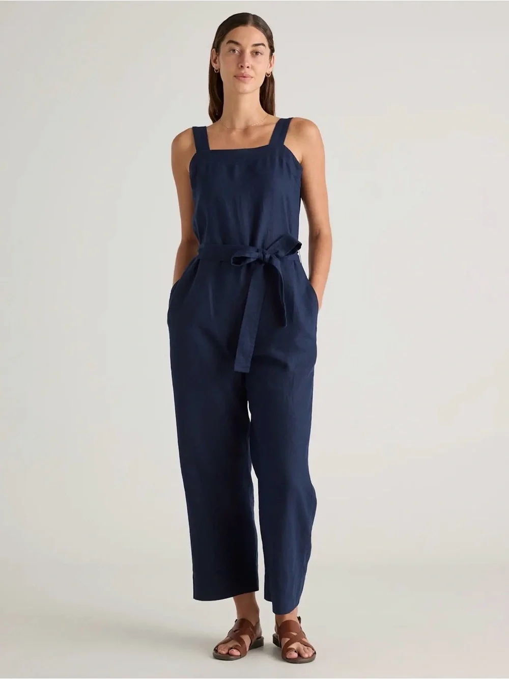 Quince 100% European Linen Square Neck Jumpsuit in Deep Navy Size Small